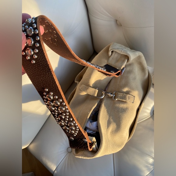 Rare Vintage Y2K Tylie Malibu Suede Crystal Strap Hobo Shoulder Bag Tan Brown - Picture 8 of 14
